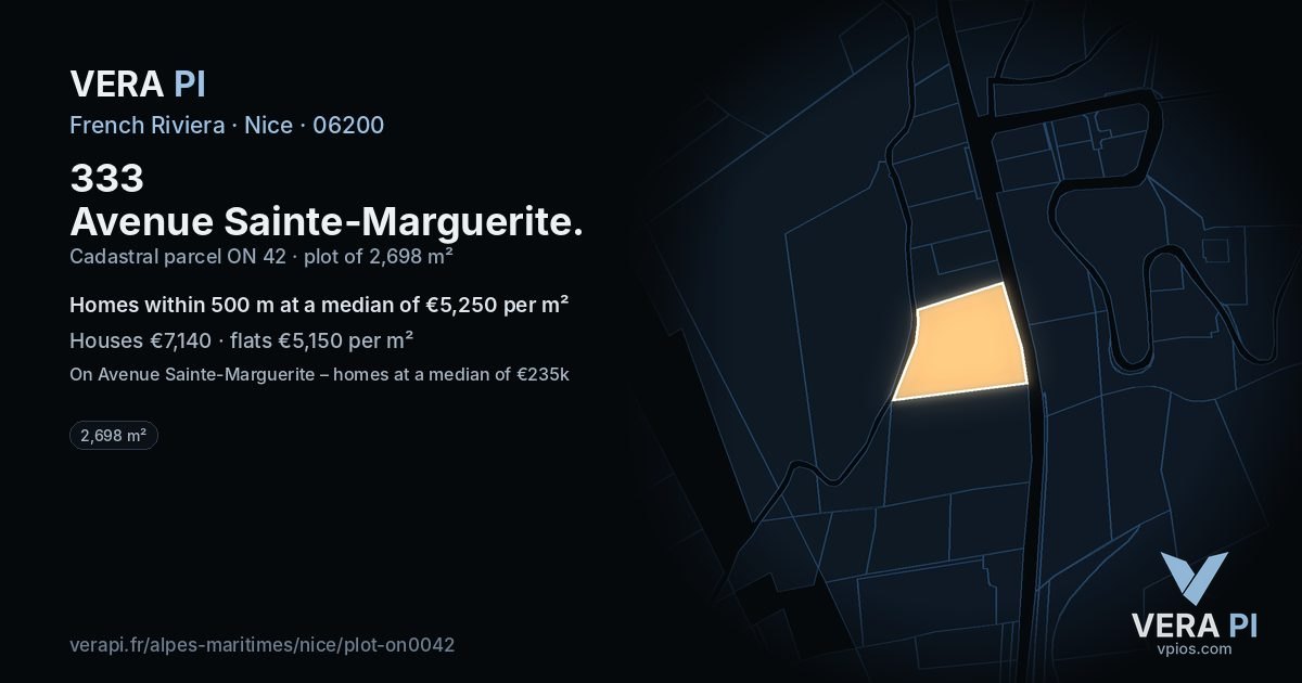 333 Avenue Sainte-Marguerite, Nice at night – the plot lit, the parcels around coloured by the prices near them