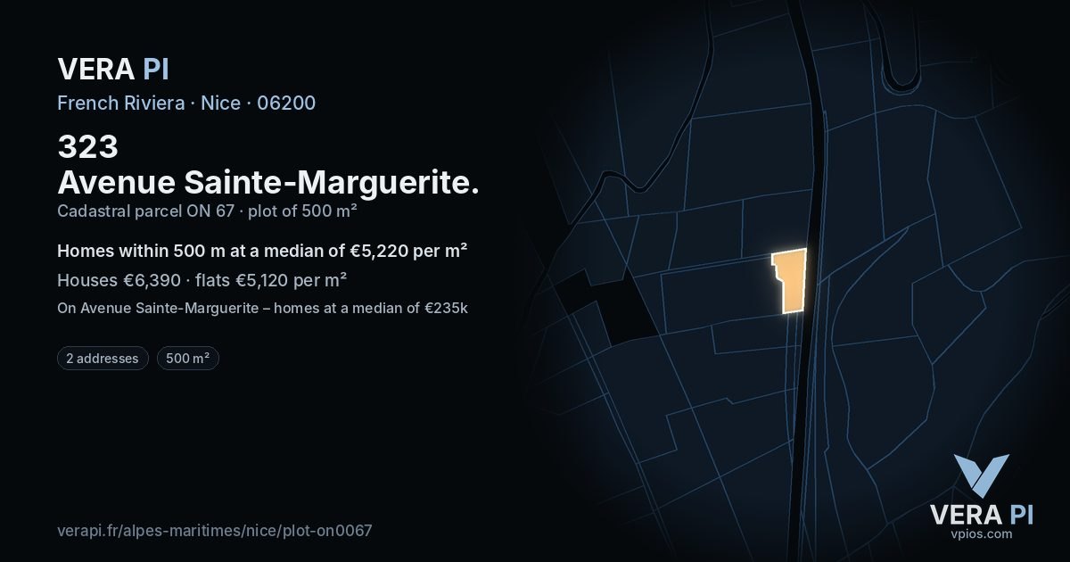 323 Avenue Sainte-Marguerite, Nice at night – the plot lit, the parcels around coloured by the prices near them