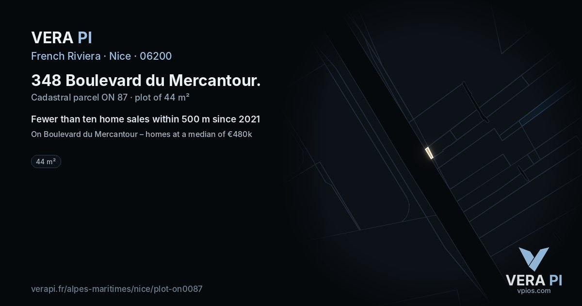348 Boulevard du Mercantour, Nice at night – the plot lit, the parcels around coloured by the prices near them