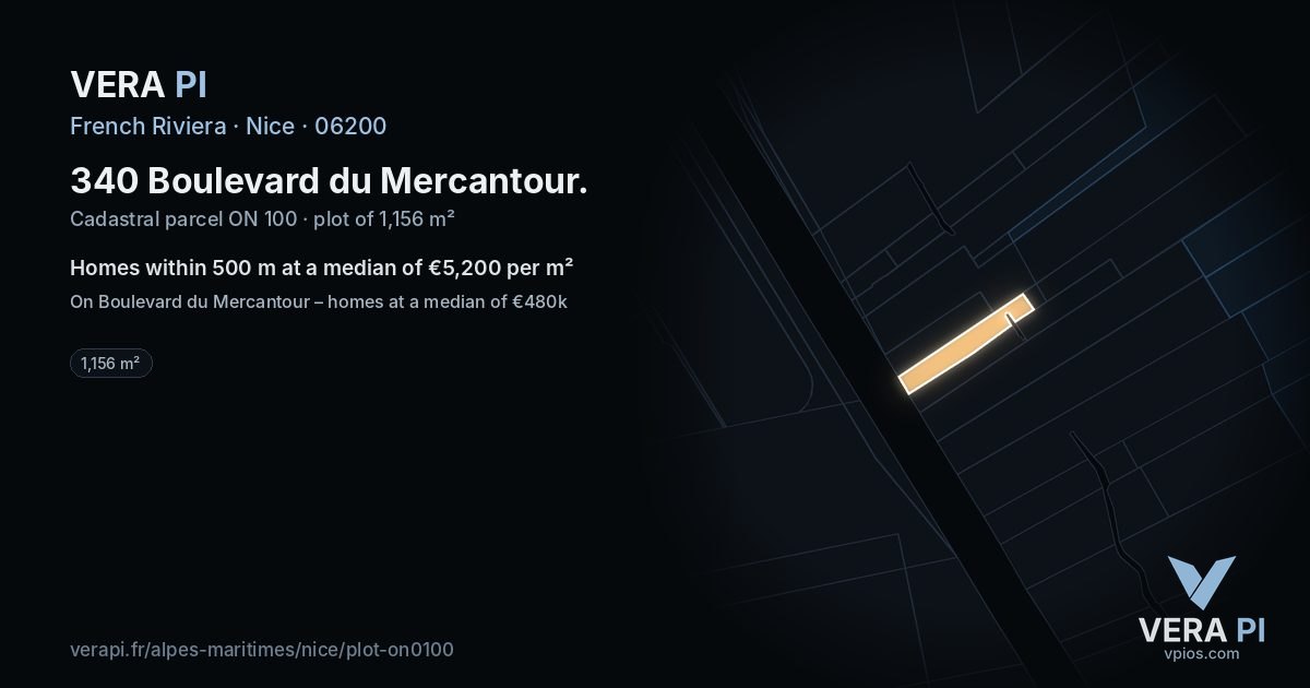 340 Boulevard du Mercantour, Nice at night – the plot lit, the parcels around coloured by the prices near them