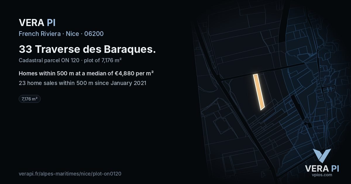 33 Traverse des Baraques, Nice at night – the plot lit, the parcels around coloured by the prices near them