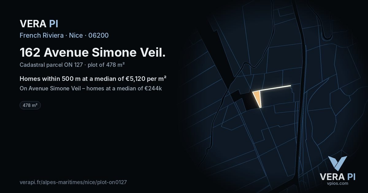 162 Avenue Simone Veil, Nice at night – the plot lit, the parcels around coloured by the prices near them
