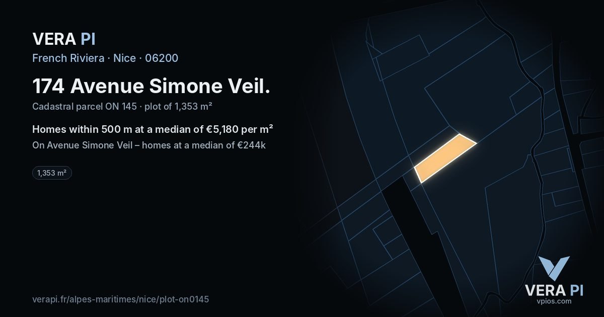 174 Avenue Simone Veil, Nice at night – the plot lit, the parcels around coloured by the prices near them