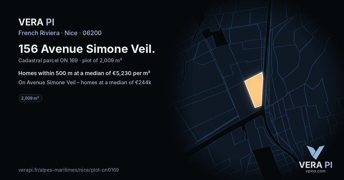 156 Avenue Simone Veil, Nice at night – the plot lit, the parcels around coloured by the prices near them