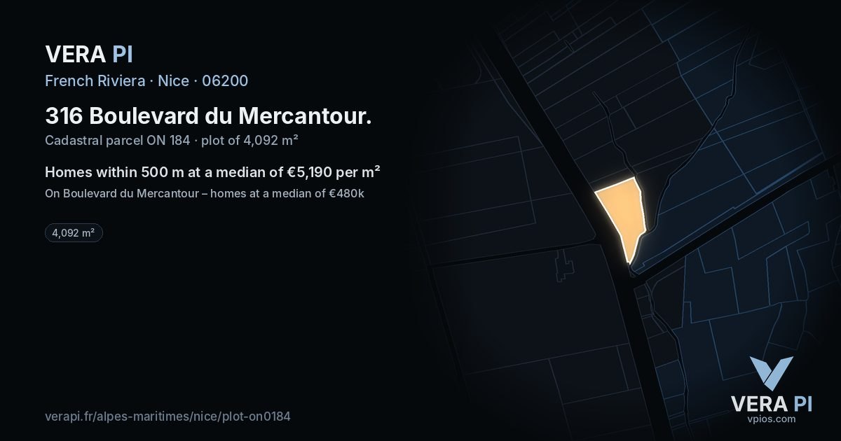 316 Boulevard du Mercantour, Nice at night – the plot lit, the parcels around coloured by the prices near them