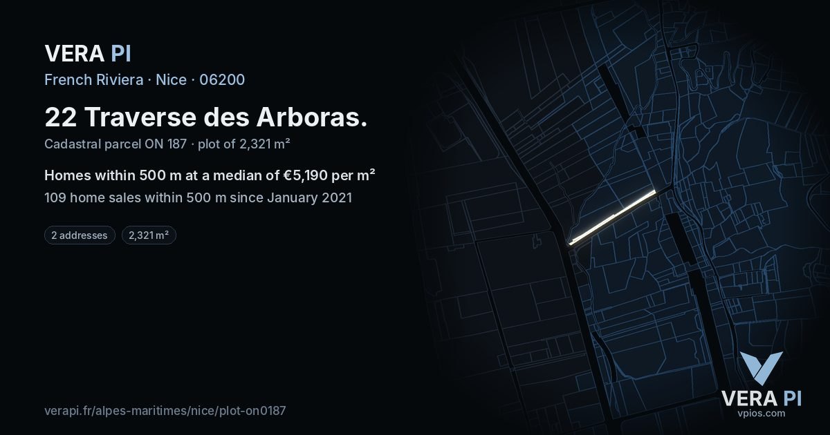 22 Traverse des Arboras, Nice at night – the plot lit, the parcels around coloured by the prices near them