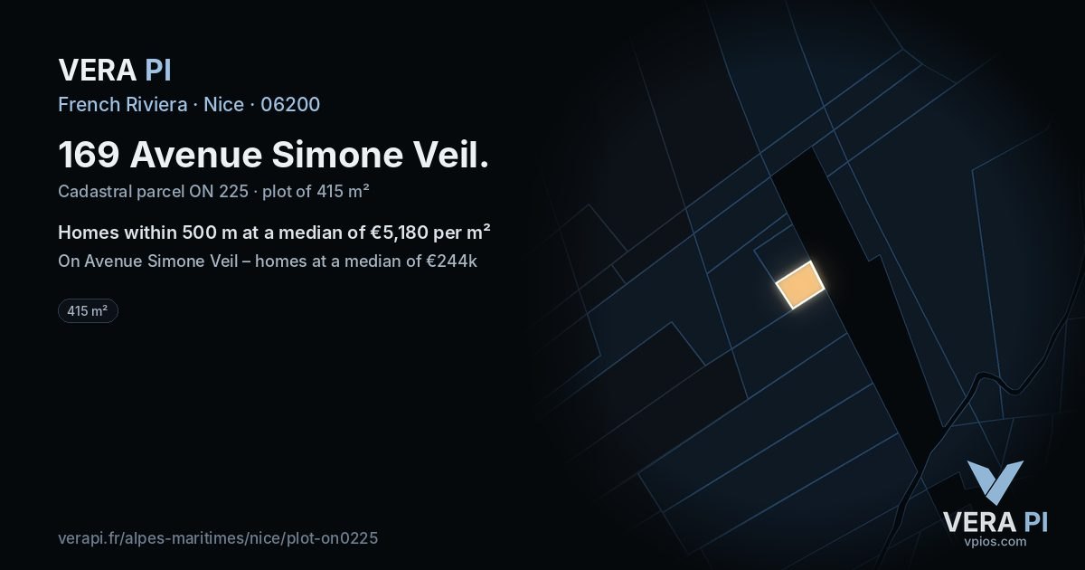 169 Avenue Simone Veil, Nice at night – the plot lit, the parcels around coloured by the prices near them