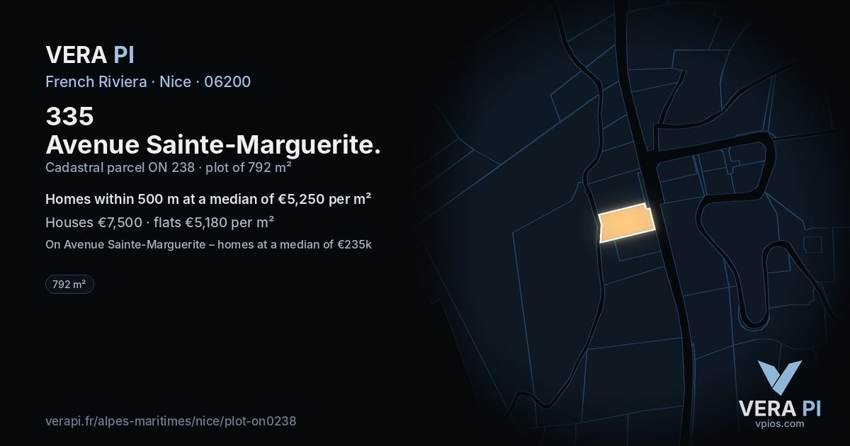 335 Avenue Sainte-Marguerite, Nice at night – the plot lit, the parcels around coloured by the prices near them