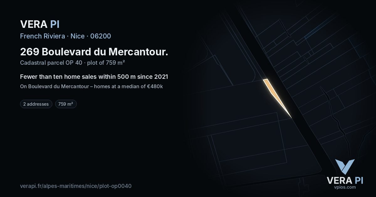 269 Boulevard du Mercantour, Nice at night – the plot lit, the parcels around coloured by the prices near them