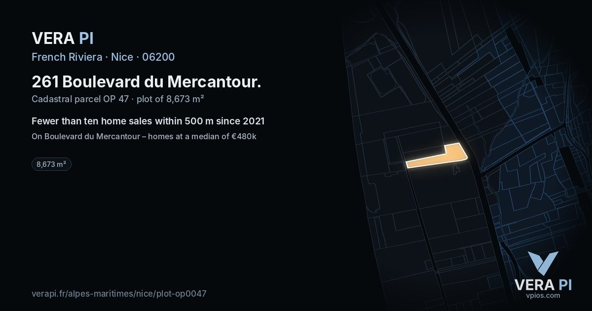 261 Boulevard du Mercantour, Nice at night – the plot lit, the parcels around coloured by the prices near them