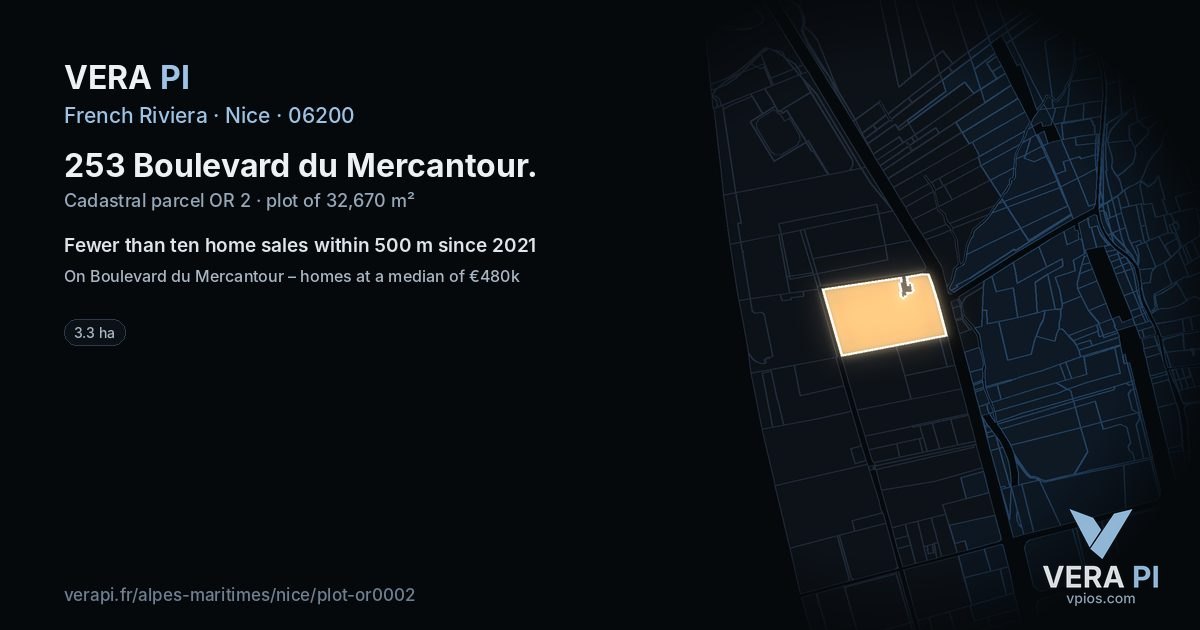 253 Boulevard du Mercantour, Nice at night – the plot lit, the parcels around coloured by the prices near them