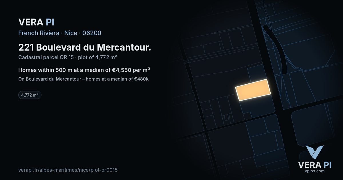 221 Boulevard du Mercantour, Nice at night – the plot lit, the parcels around coloured by the prices near them