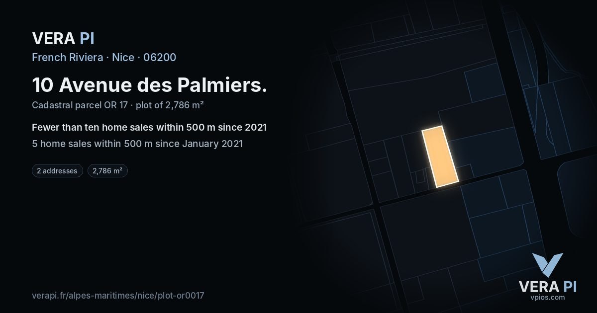 10 Avenue des Palmiers, Nice at night – the plot lit, the parcels around coloured by the prices near them