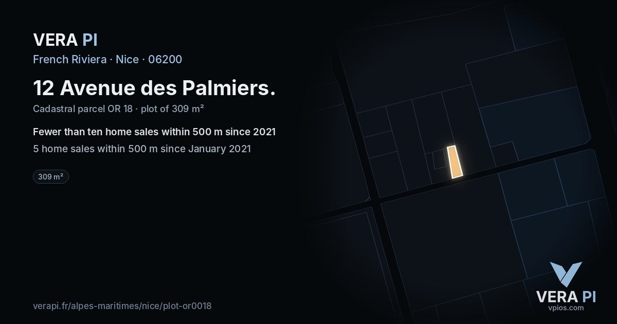 12 Avenue des Palmiers, Nice at night – the plot lit, the parcels around coloured by the prices near them