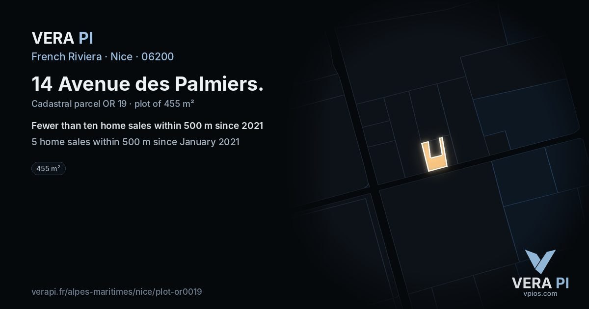 14 Avenue des Palmiers, Nice at night – the plot lit, the parcels around coloured by the prices near them