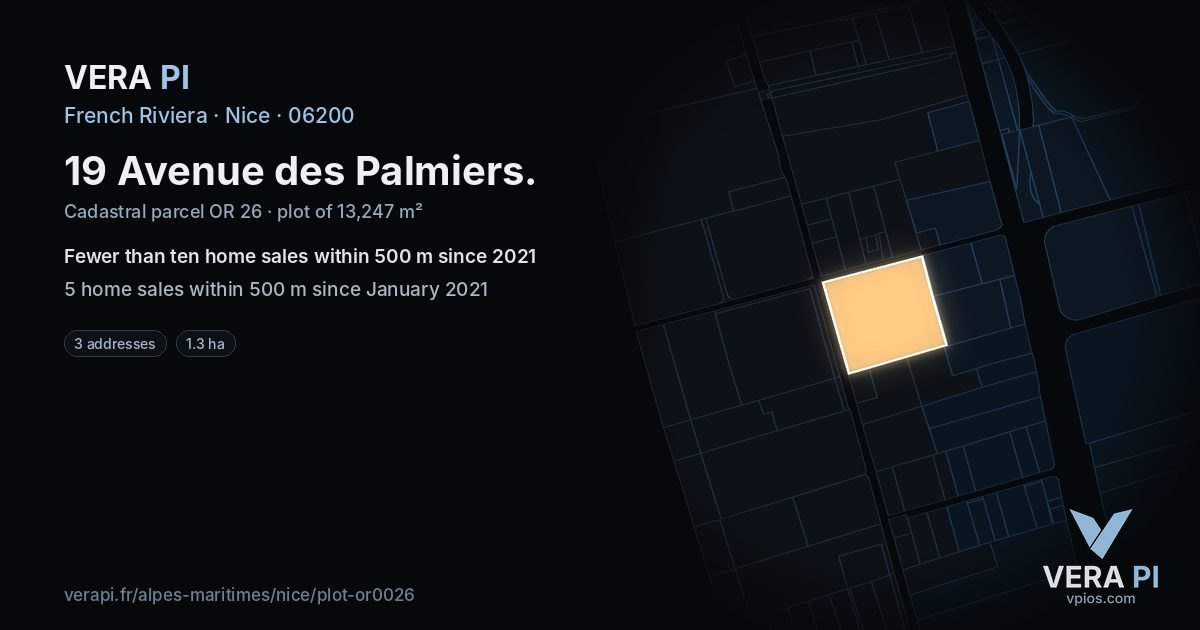 19 Avenue des Palmiers, Nice at night – the plot lit, the parcels around coloured by the prices near them