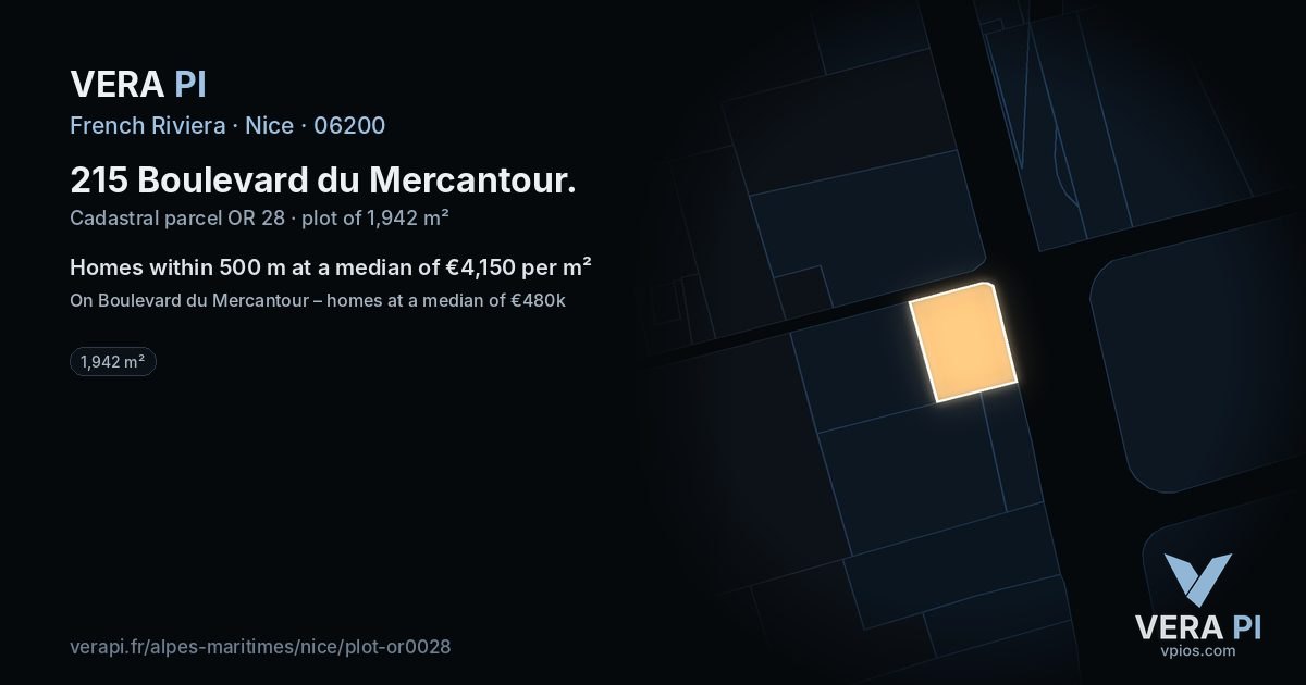 215 Boulevard du Mercantour, Nice at night – the plot lit, the parcels around coloured by the prices near them