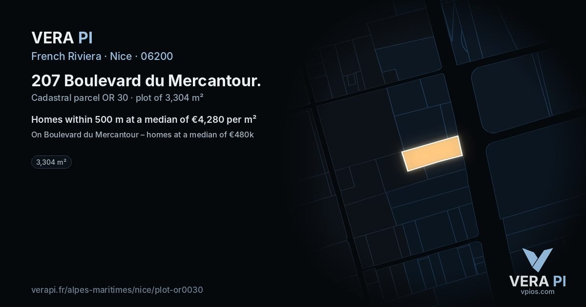 207 Boulevard du Mercantour, Nice at night – the plot lit, the parcels around coloured by the prices near them