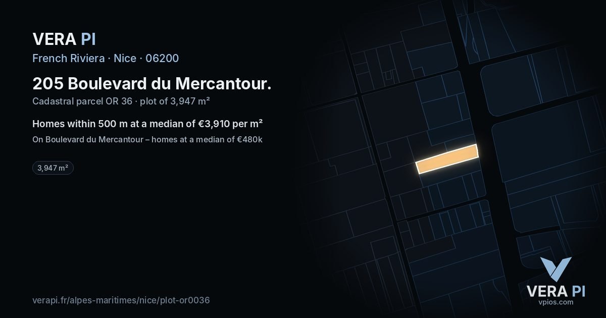 205 Boulevard du Mercantour, Nice at night – the plot lit, the parcels around coloured by the prices near them