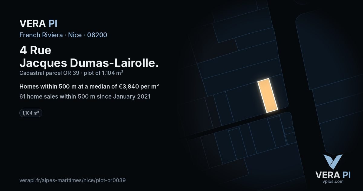 4 Rue Jacques Dumas-Lairolle, Nice at night – the plot lit, the parcels around coloured by the prices near them