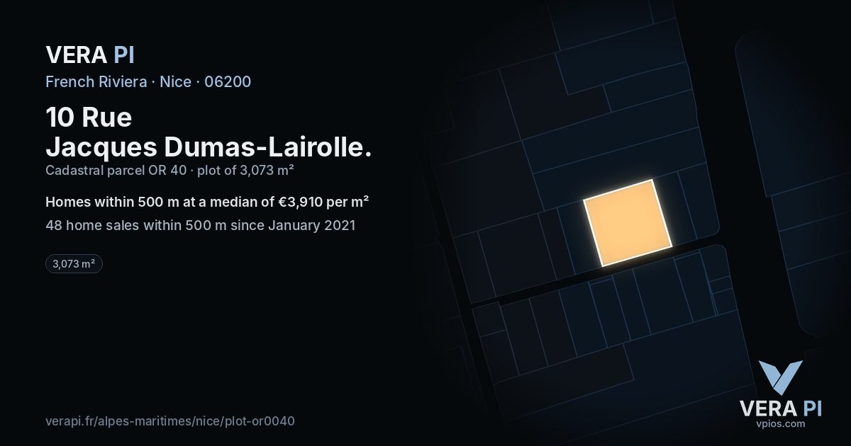 10 Rue Jacques Dumas-Lairolle, Nice at night – the plot lit, the parcels around coloured by the prices near them