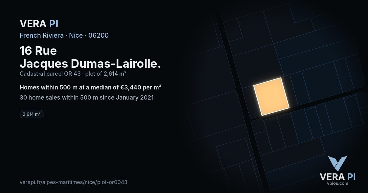 16 Rue Jacques Dumas-Lairolle, Nice at night – the plot lit, the parcels around coloured by the prices near them