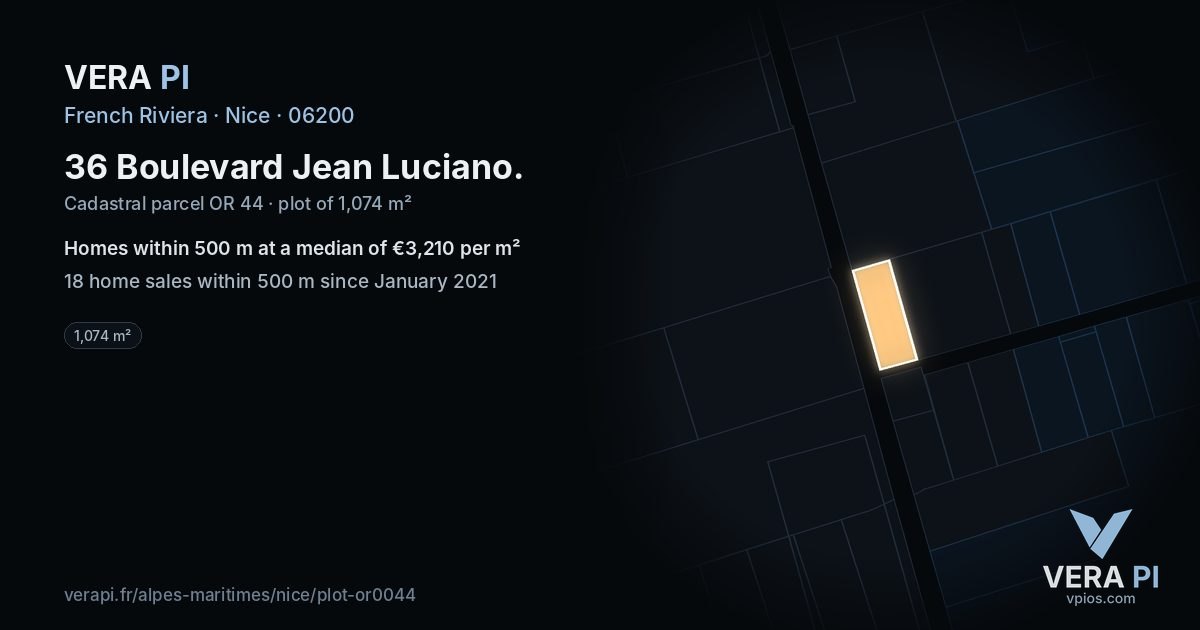 36 Boulevard Jean Luciano, Nice at night – the plot lit, the parcels around coloured by the prices near them