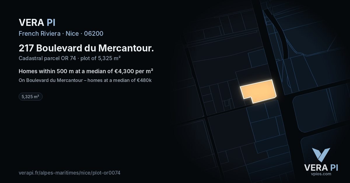 217 Boulevard du Mercantour, Nice at night – the plot lit, the parcels around coloured by the prices near them