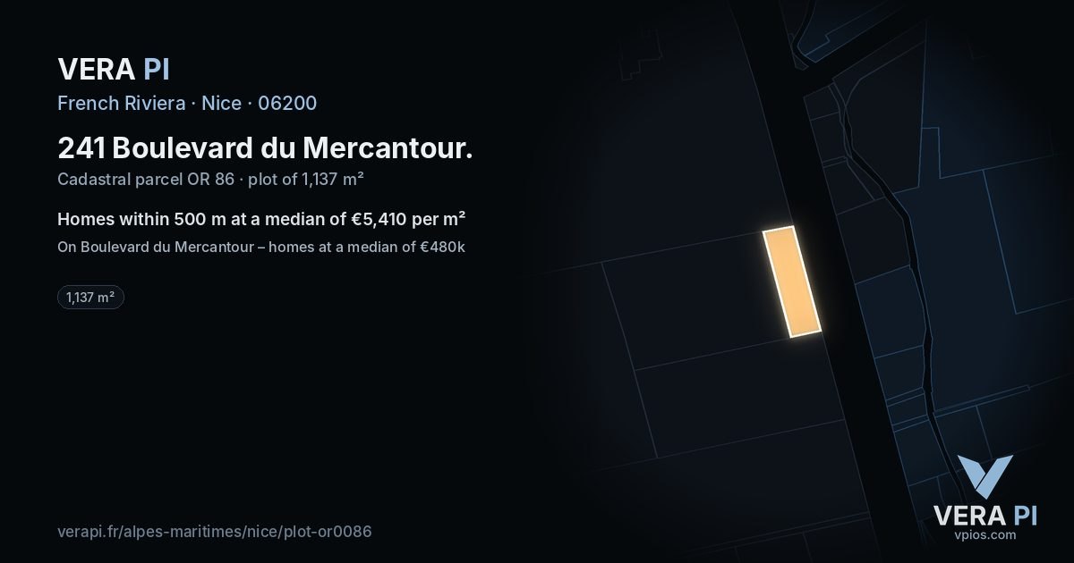 241 Boulevard du Mercantour, Nice at night – the plot lit, the parcels around coloured by the prices near them