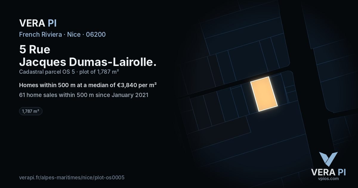 5 Rue Jacques Dumas-Lairolle, Nice at night – the plot lit, the parcels around coloured by the prices near them