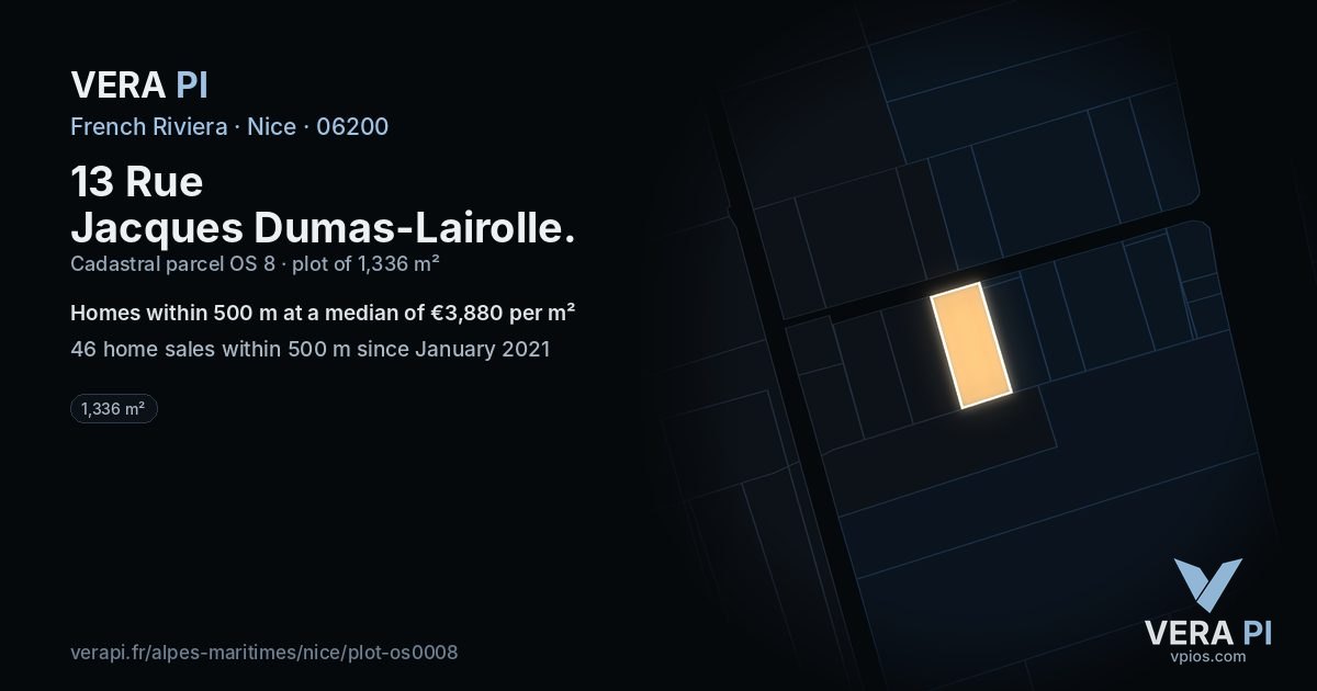 13 Rue Jacques Dumas-Lairolle, Nice at night – the plot lit, the parcels around coloured by the prices near them