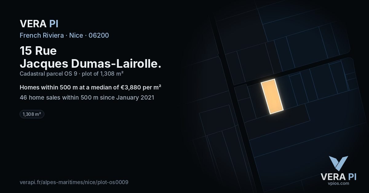 15 Rue Jacques Dumas-Lairolle, Nice at night – the plot lit, the parcels around coloured by the prices near them