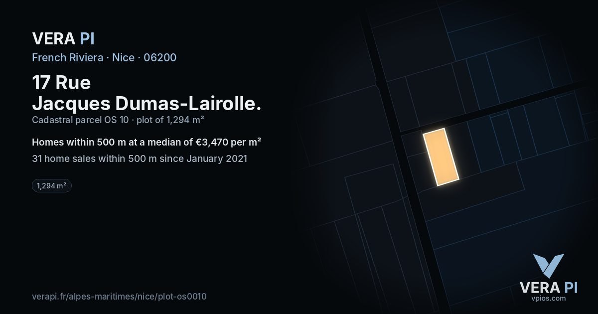 17 Rue Jacques Dumas-Lairolle, Nice at night – the plot lit, the parcels around coloured by the prices near them