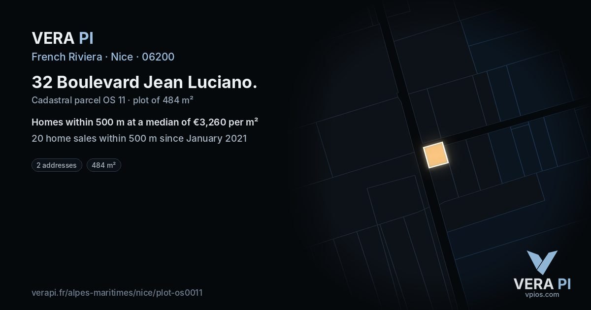 32 Boulevard Jean Luciano, Nice at night – the plot lit, the parcels around coloured by the prices near them