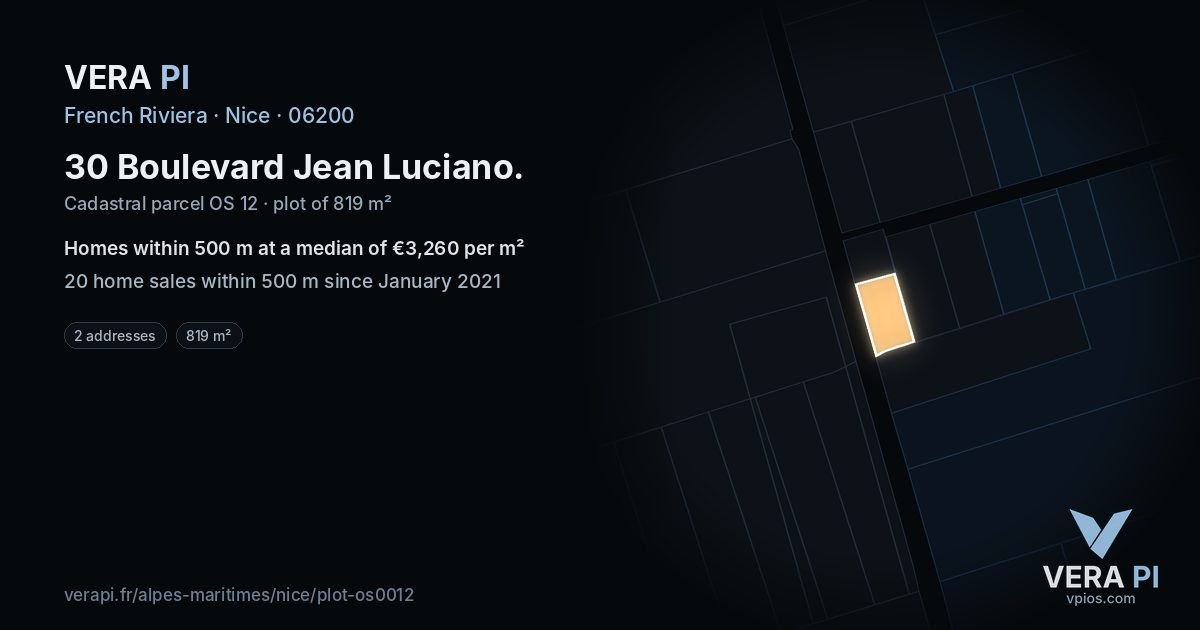 30 Boulevard Jean Luciano, Nice at night – the plot lit, the parcels around coloured by the prices near them