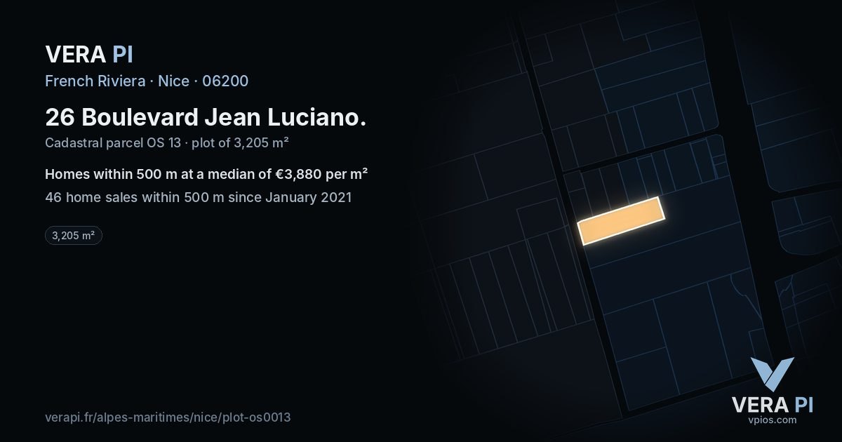 26 Boulevard Jean Luciano, Nice at night – the plot lit, the parcels around coloured by the prices near them