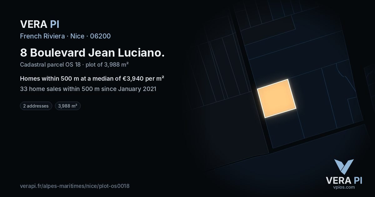 8 Boulevard Jean Luciano, Nice at night – the plot lit, the parcels around coloured by the prices near them