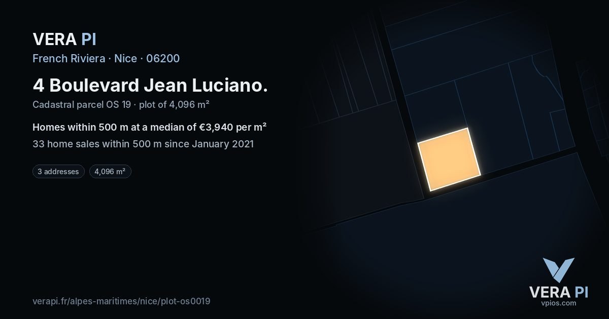 4 Boulevard Jean Luciano, Nice at night – the plot lit, the parcels around coloured by the prices near them