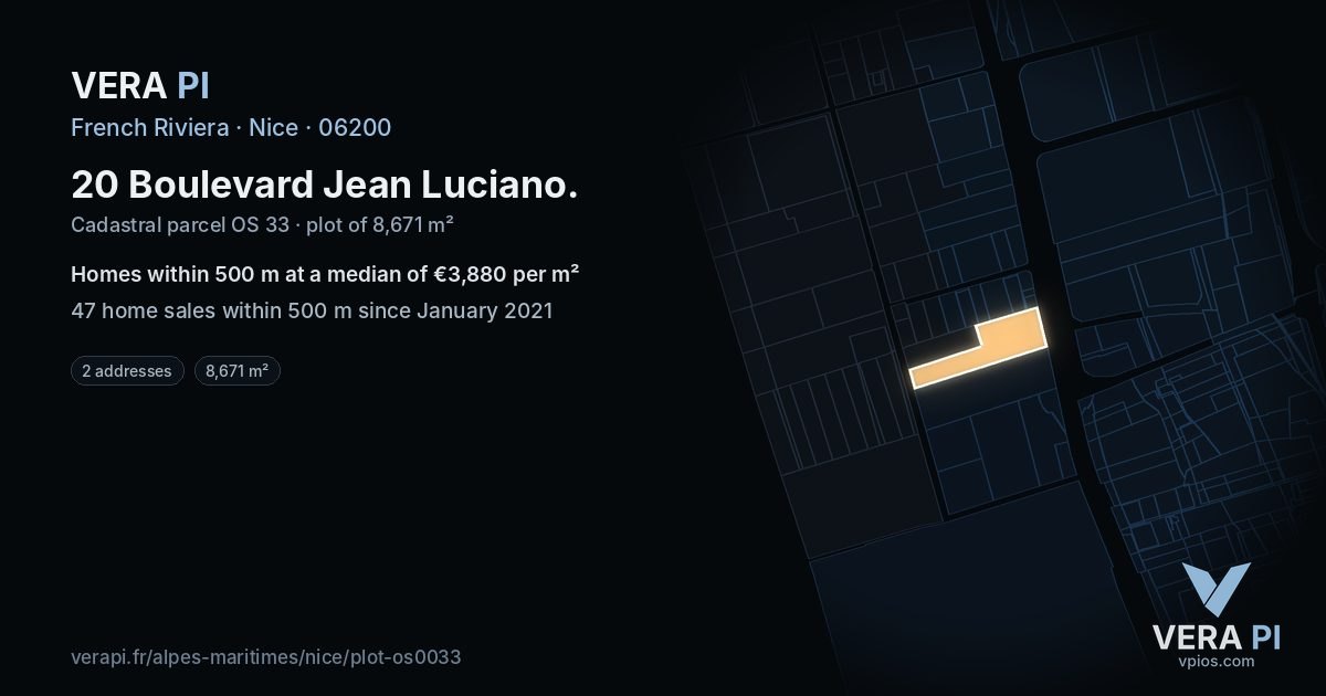 20 Boulevard Jean Luciano, Nice at night – the plot lit, the parcels around coloured by the prices near them