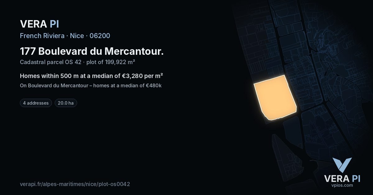 177 Boulevard du Mercantour, Nice at night – the plot lit, the parcels around coloured by the prices near them