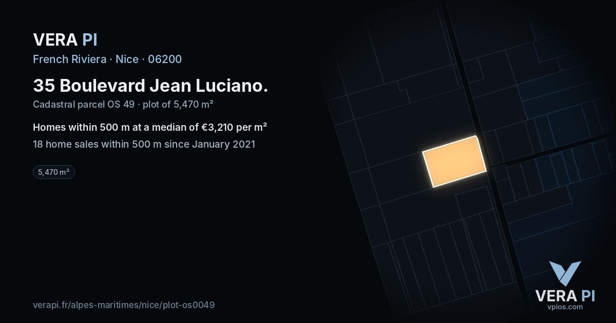 35 Boulevard Jean Luciano, Nice at night – the plot lit, the parcels around coloured by the prices near them