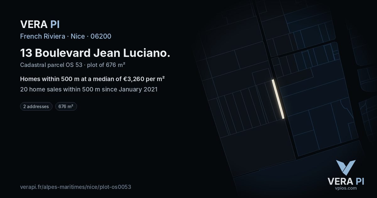 13 Boulevard Jean Luciano, Nice at night – the plot lit, the parcels around coloured by the prices near them