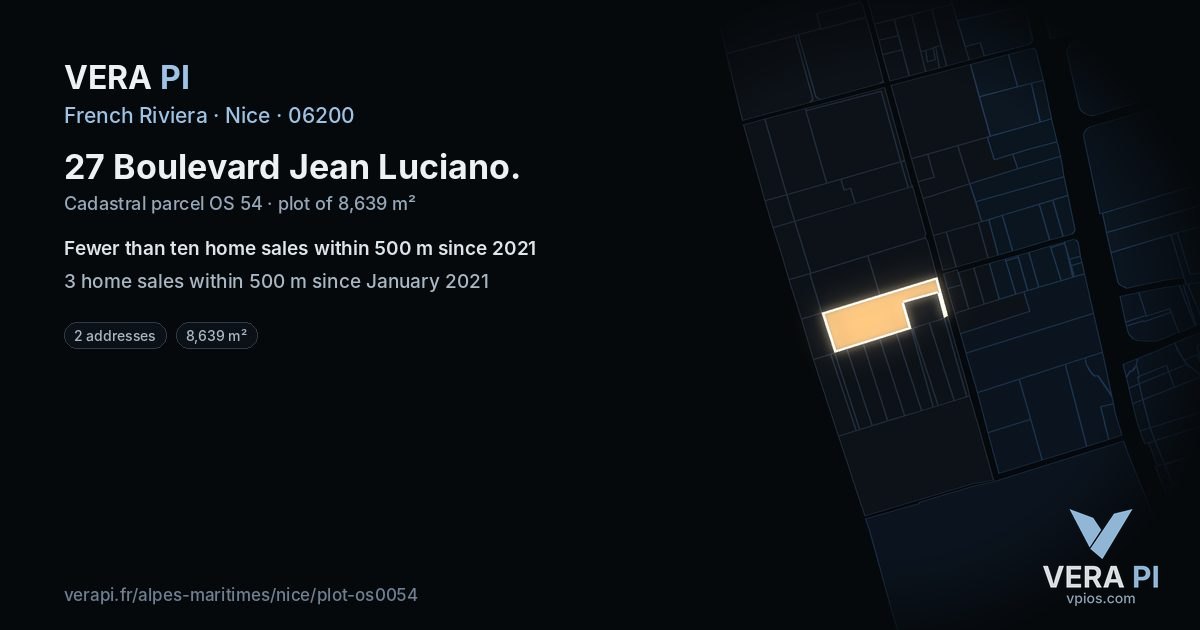 27 Boulevard Jean Luciano, Nice at night – the plot lit, the parcels around coloured by the prices near them