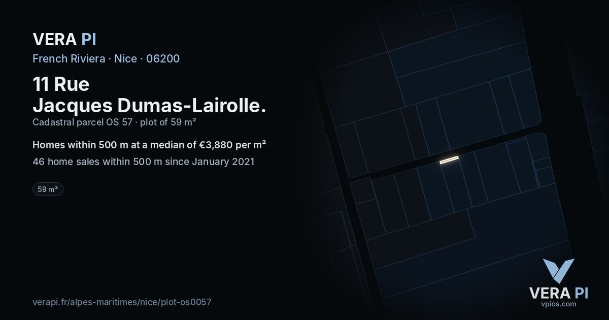 11 Rue Jacques Dumas-Lairolle, Nice at night – the plot lit, the parcels around coloured by the prices near them