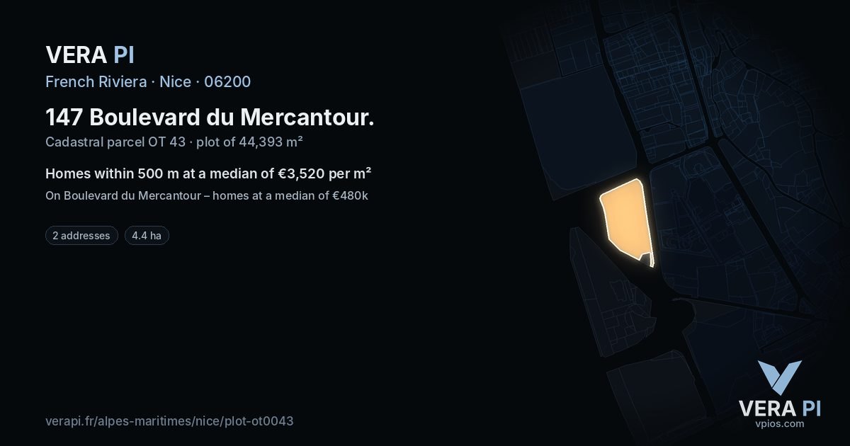 147 Boulevard du Mercantour, Nice at night – the plot lit, the parcels around coloured by the prices near them