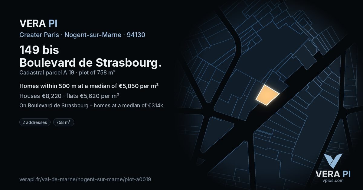 149 bis Boulevard de Strasbourg, Nogent-sur-Marne at night – the plot lit, the parcels around coloured by the prices near them