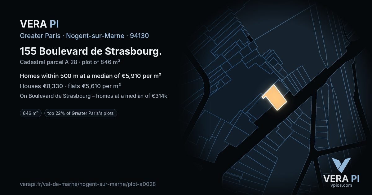 155 Boulevard de Strasbourg, Nogent-sur-Marne at night – the plot lit, the parcels around coloured by the prices near them