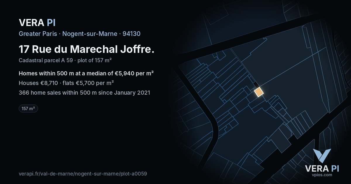17 Rue du Marechal Joffre, Nogent-sur-Marne at night – the plot lit, the parcels around coloured by the prices near them