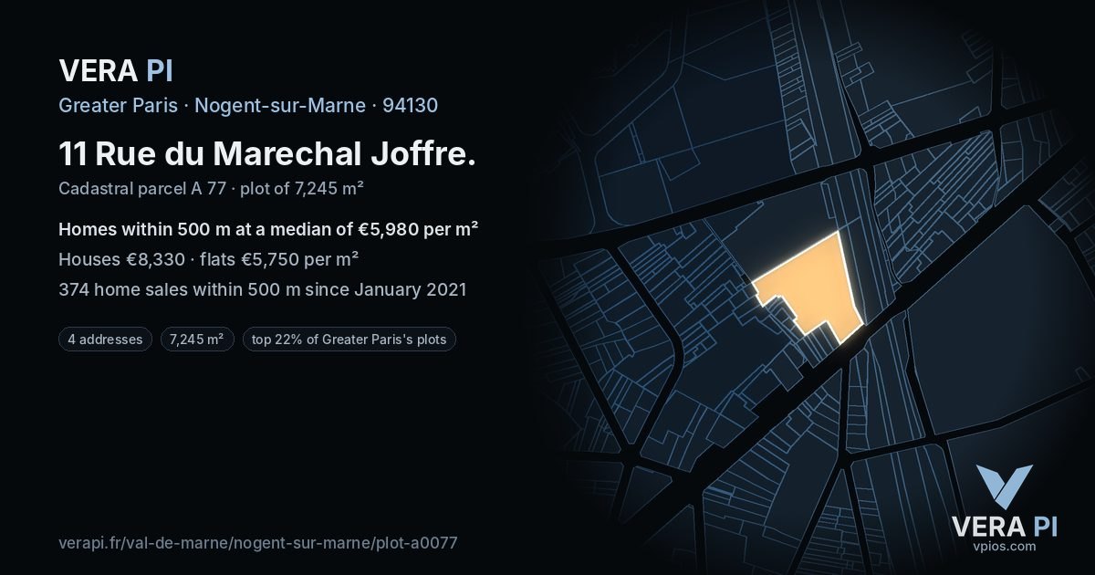 11 Rue du Marechal Joffre, Nogent-sur-Marne at night – the plot lit, the parcels around coloured by the prices near them