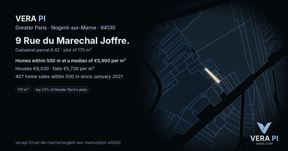 9 Rue du Marechal Joffre, Nogent-sur-Marne at night – the plot lit, the parcels around coloured by the prices near them